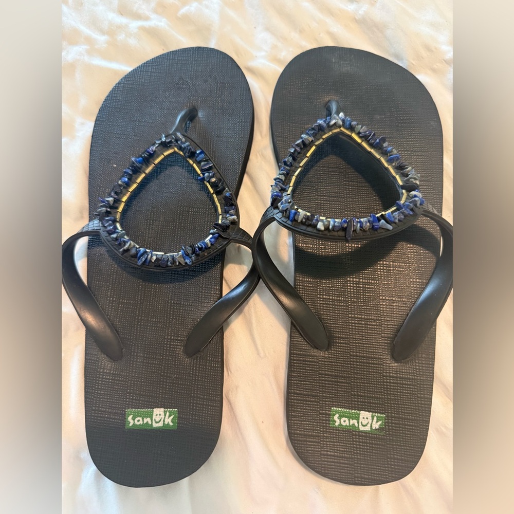Sanuk Black Sandals with Blue Beaded Straps